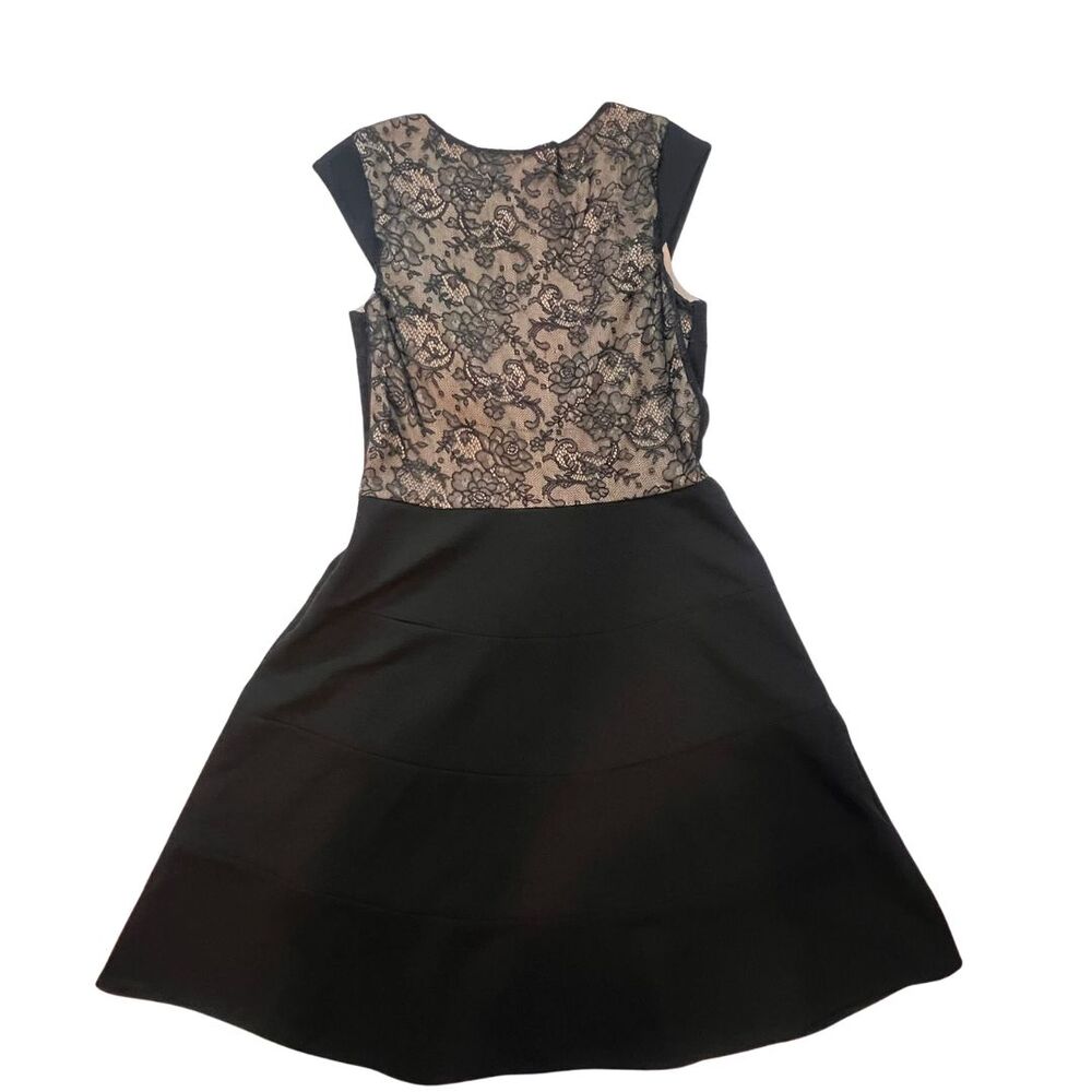 Betsy Johnson Cocktail Dress 10 Black Floral Lace Cap Sleeve Asymmetrical Flare - Picture 8 of 11